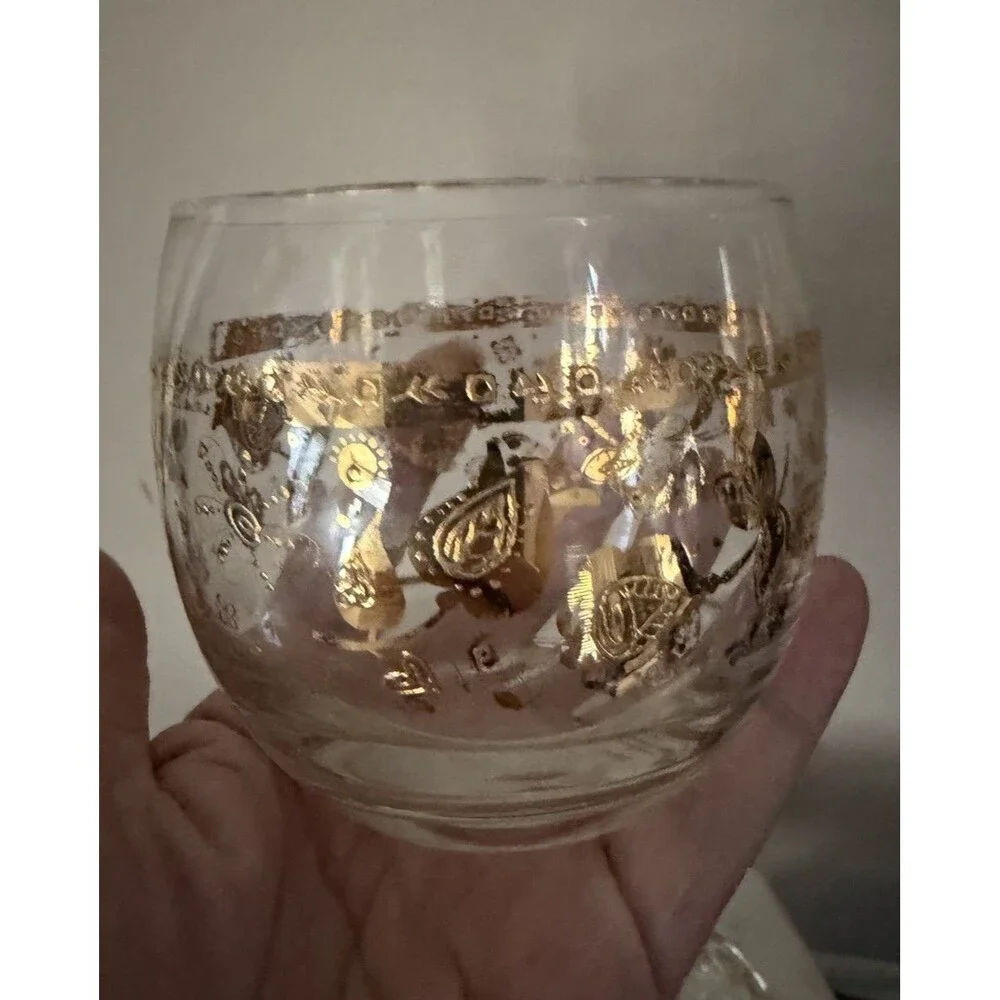 Vintage Culver Chantilly Roly Poly Glasses Mid Century Gold Floral Barware Set 5